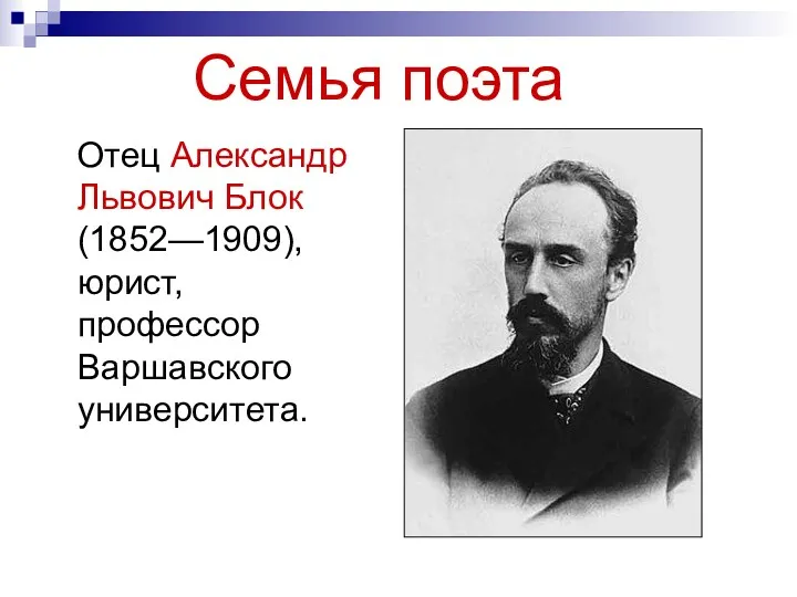 Семья поэта Отец Александр Львович Блок (1852—1909),юрист, профессор Варшавского университета.