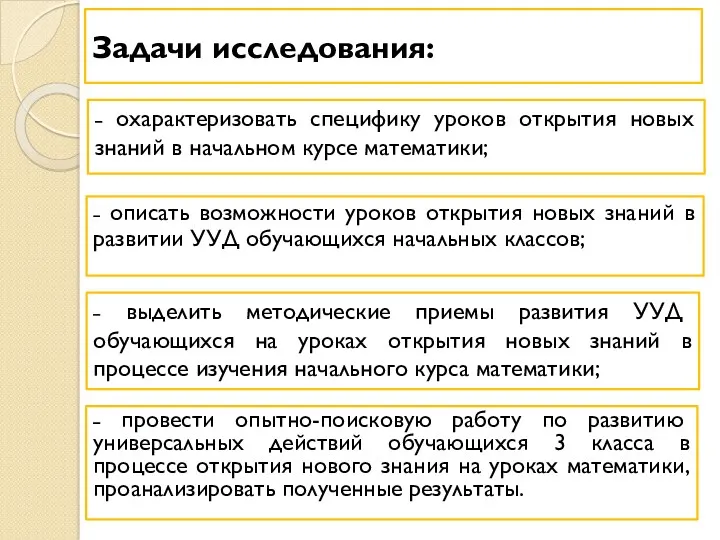 Задачи исследования: ˗ охарактеризовать специфику уроков открытия новых знаний в