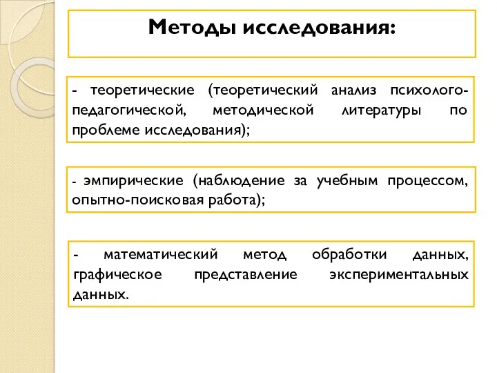 Методы исследования: - теоретические (теоретический анализ психолого-педагогической, методической литературы по