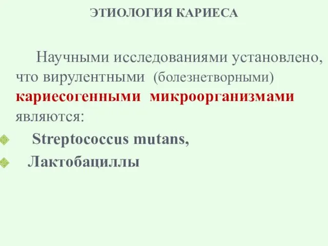 ЭТИОЛОГИЯ КАРИЕСА Научными исследованиями установлено, что вирулентными (болезнетворными) кариесогенными микроорганизмами являются: Streptococcus mutans, Лактобациллы