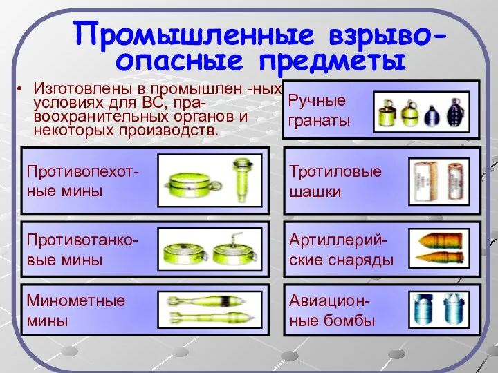 Промышленные взрыво- опасные предметы Изготовлены в промышлен -ных условиях для