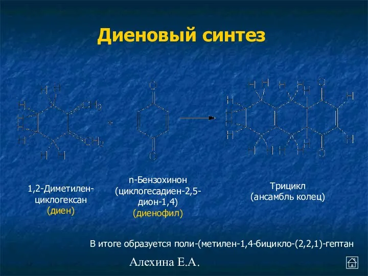 Алехина Е.А. Диеновый синтез 1,2-Диметилен-циклогексан (диен) n-Бензохинон (циклогесадиен-2,5-дион-1,4) (диенофил) Трицикл (ансамбль колец) В итоге образуется поли-(метилен-1,4-бицикло-(2,2,1)-гептан