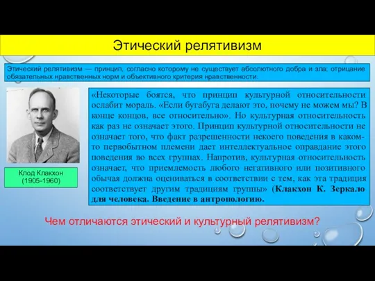 Этический релятивизм Этический релятивизм — принцип, согласно которому не существует абсолютного добра и