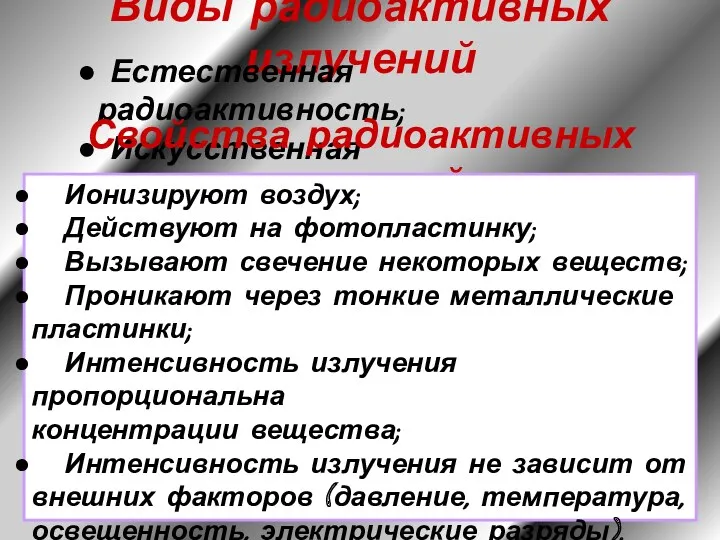 Виды радиоактивных излучений Естественная радиоактивность; Искусственная радиоактивность. Свойства радиоактивных излучений