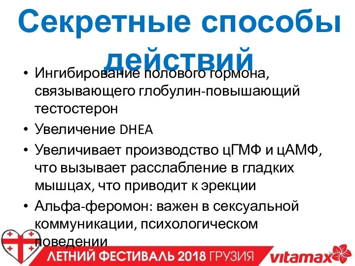 Секретные способы действий Ингибирование полового гормона, связывающего глобулин-повышающий тестостерон Увеличение