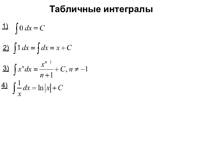 Табличные интегралы 1) 2) 3) 4)