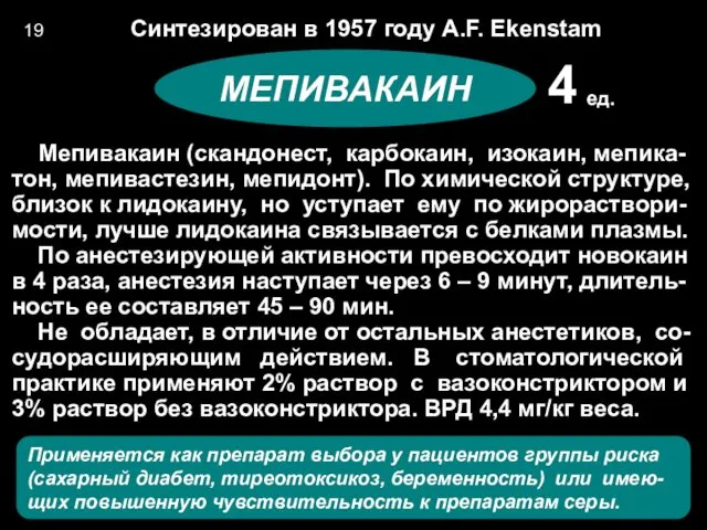 Синтезирован в 1957 году A.F. Ekenstam Мепивакаин (скандонест, карбокаин, изокаин, мепика- тон, мепивастезин,