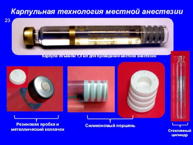 Карпула объемом 1,8 мл для проведения местной анестезии Силиконовый поршень