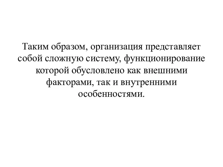 Таким образом, организация представляет собой сложную систему, функционирование которой обусловлено