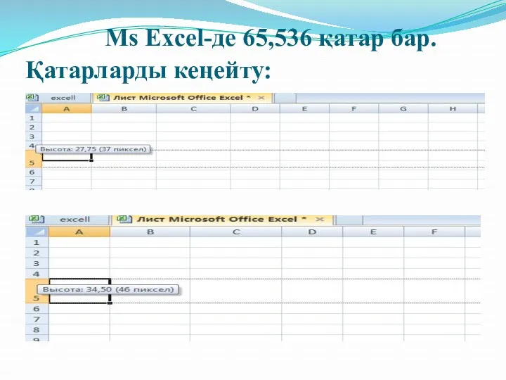 Ms Excel-де 65,536 қатар бар. Қатарларды кеңейту: