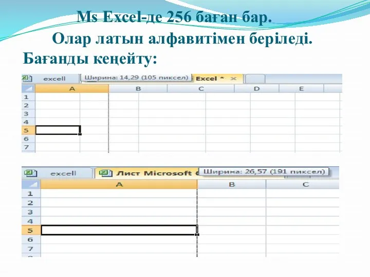 Ms Excel-де 256 баған бар. Олар латын алфавитімен беріледі. Бағанды кеңейту: