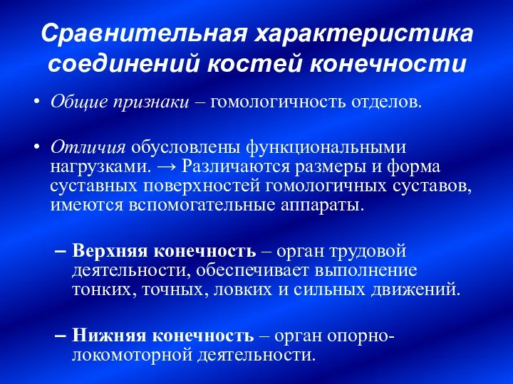 Сравнительная характеристика соединений костей конечности Общие признаки – гомологичность отделов.