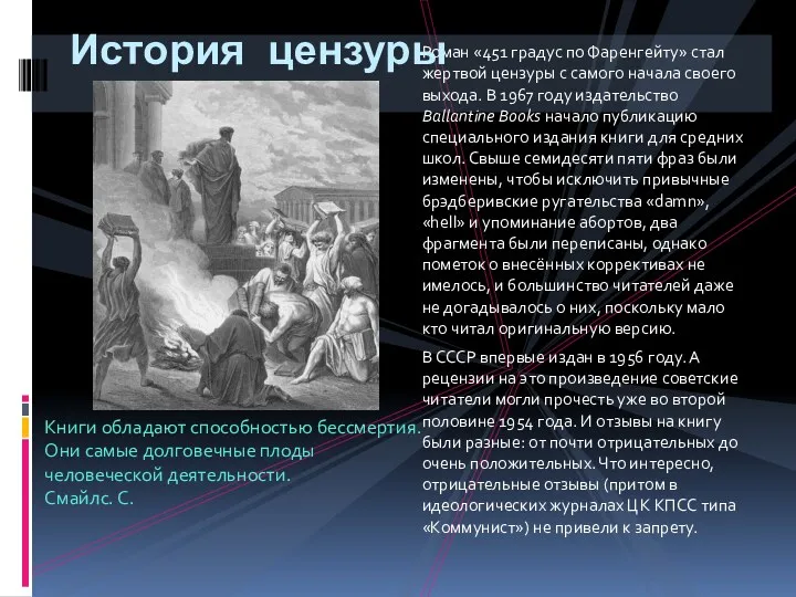 Роман «451 градус по Фаренгейту» стал жертвой цензуры с самого начала своего выхода.