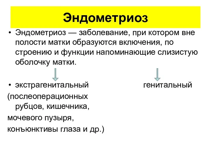 Эндометриоз Эндометриоз — заболевание, при котором вне полости матки образуются включения, по строению