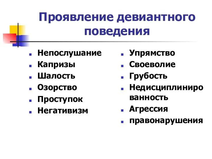 Проявление девиантного поведения Непослушание Капризы Шалость Озорство Проступок Негативизм Упрямство Своеволие Грубость Недисциплинированность Агрессия правонарушения