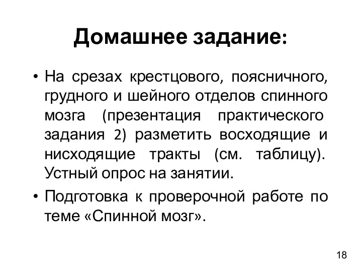 Домашнее задание: На срезах крестцового, поясничного, грудного и шейного отделов