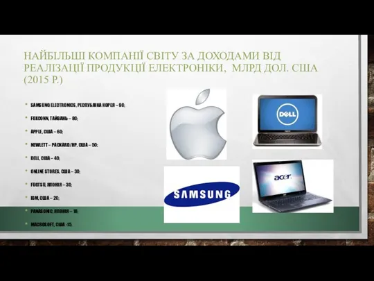 НАЙБІЛЬШІ КОМПАНІЇ СВІТУ ЗА ДОХОДАМИ ВІД РЕАЛІЗАЦІЇ ПРОДУКЦІЇ ЕЛЕКТРОНІКИ, МЛРД ДОЛ. США (2015