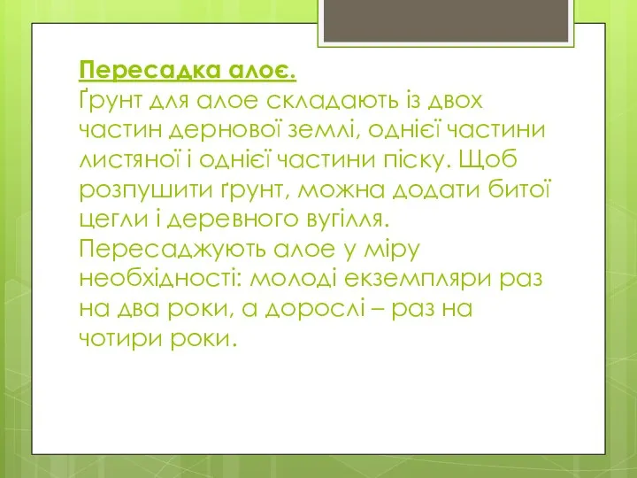 Пересадка алоє. Ґрунт для алое складають із двох частин дернової