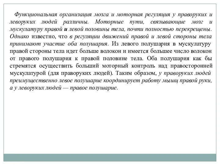 Функциональная организация мозга и моторная регуляция у праворуких и леворуких