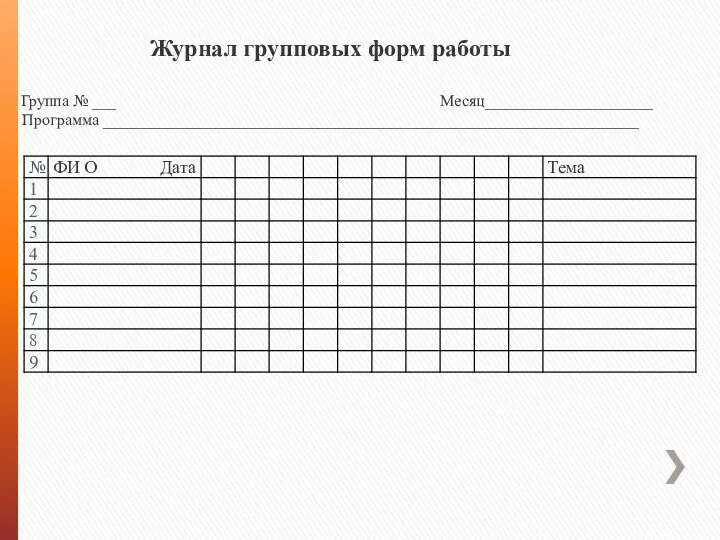 Журнал групповых форм работы Группа № ___ Месяц_____________________ Программа ___________________________________________________________________