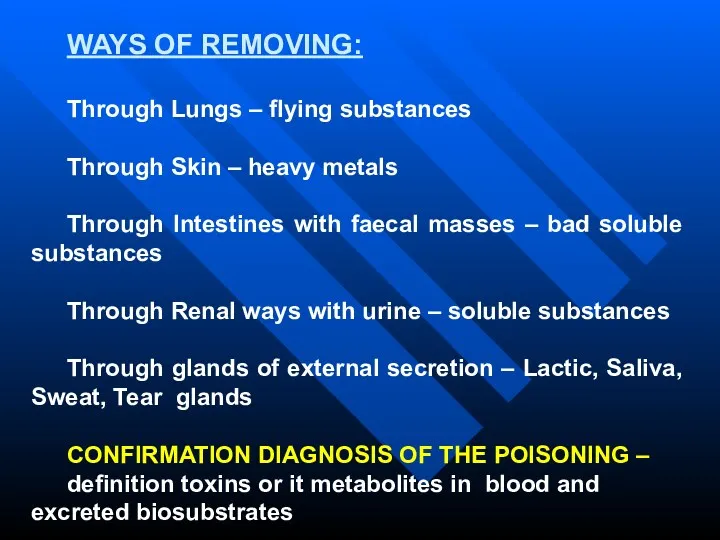 WAYS OF REMOVING: Through Lungs – flying substances Through Skin