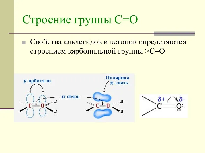 Строение группы С=О Свойства альдегидов и кетонов определяются строением карбонильной группы >C=O