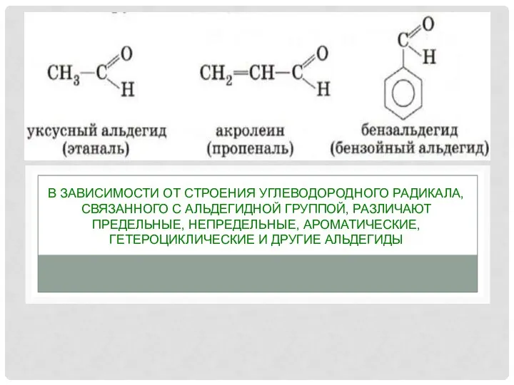 В ЗАВИСИМОСТИ ОТ СТРОЕНИЯ УГЛЕВОДОРОДНОГО РАДИКАЛА, СВЯЗАННОГО С АЛЬДЕГИДНОЙ ГРУППОЙ, РАЗЛИЧАЮТ ПРЕДЕЛЬНЫЕ, НЕПРЕДЕЛЬНЫЕ,