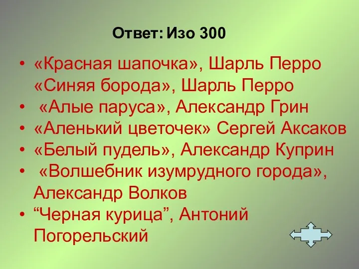 Ответ: Изо 300 «Красная шапочка», Шарль Перро «Синяя борода», Шарль Перро «Алые паруса»,