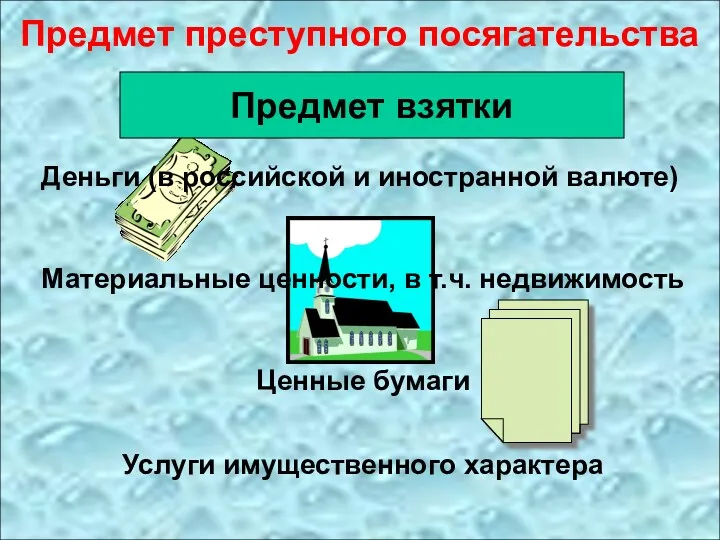 Предмет преступного посягательства Деньги (в российской и иностранной валюте) Материальные ценности, в т.ч.