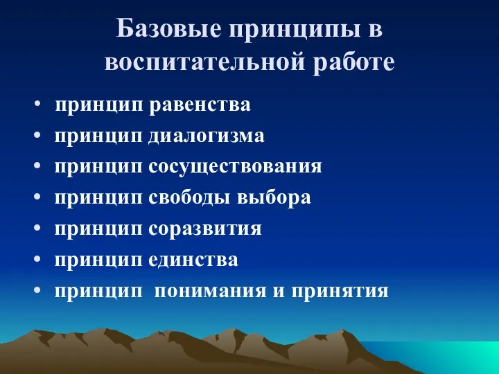 Базовые принципы в воспитательной работе принцип равенства принцип диалогизма принцип