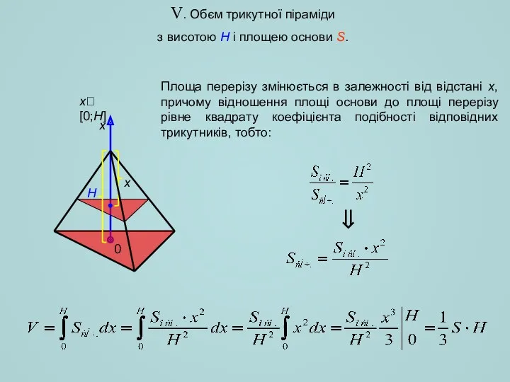 V. Обєм трикутної піраміди з висотою H і площею основи
