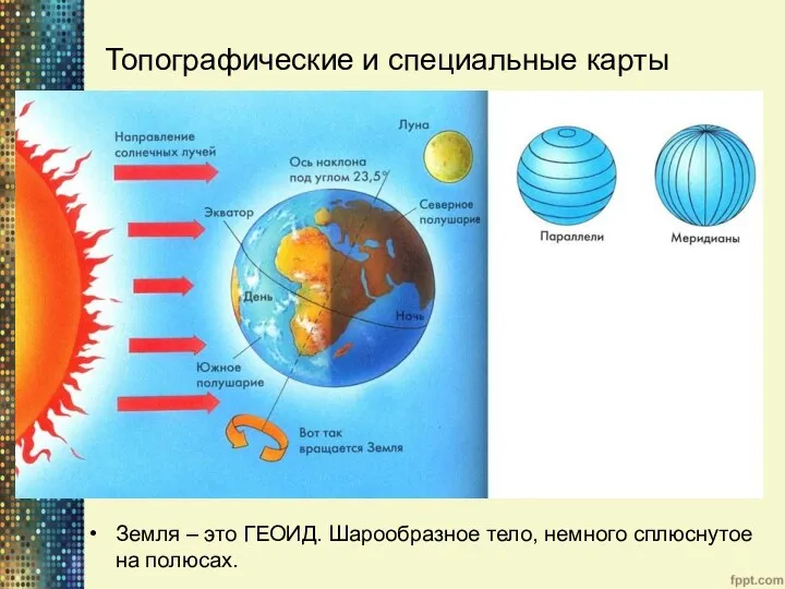 Топографические и специальные карты Земля – это ГЕОИД. Шарообразное тело, немного сплюснутое на полюсах.