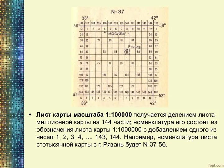 Лист карты масштаба 1:100000 получается деле­нием листа миллионной карты на