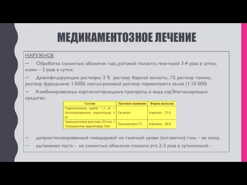 МЕДИКАМЕНТОЗНОЕ ЛЕЧЕНИЕ НАРУЖНОЕ ─ Обработка слизистых оболочек глаз, ротовой полости,