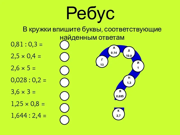 Ребус В кружки впишите буквы, соответствующие найденным ответам