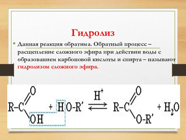 Гидролиз Данная реакция обратима. Обратный процесс – расщепление сложного эфира