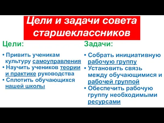 Цели и задачи совета старшеклассников Цели: • Привить ученикам ккультуру