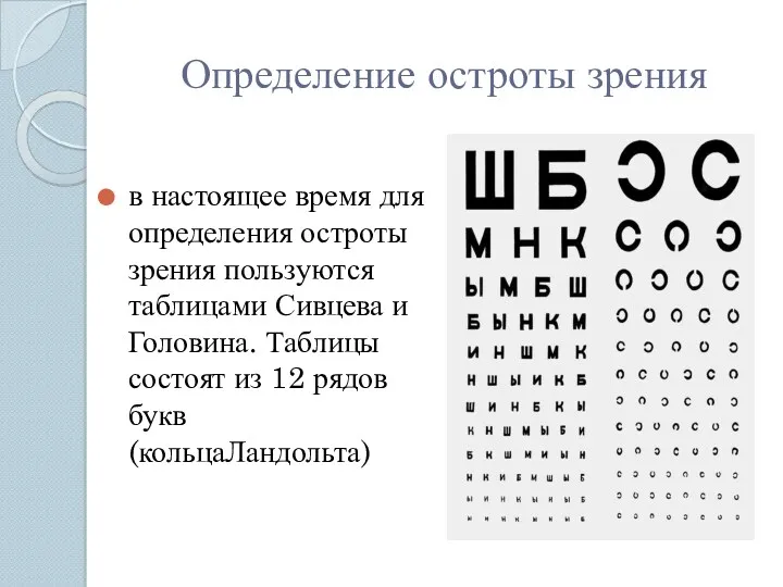 Определение остроты зрения в настоящее время для определения остроты зрения