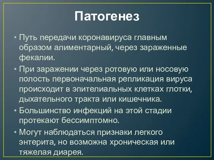 Патогенез Путь передачи коронавируса главным образом алиментарный, через зараженные фекалии.