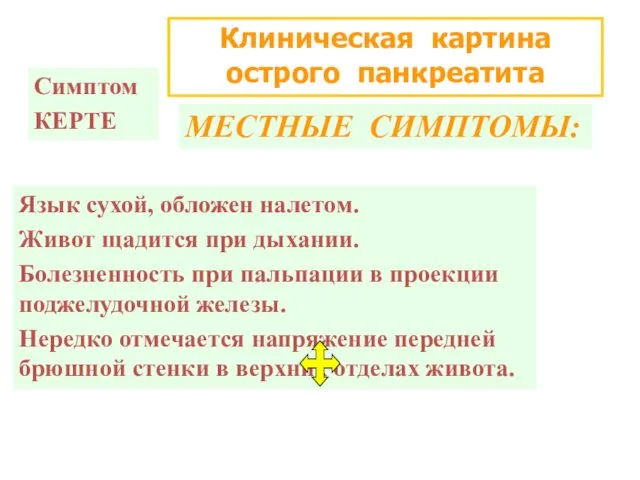 Клиническая картина острого панкреатита МЕСТНЫЕ СИМПТОМЫ: Язык сухой, обложен налетом.