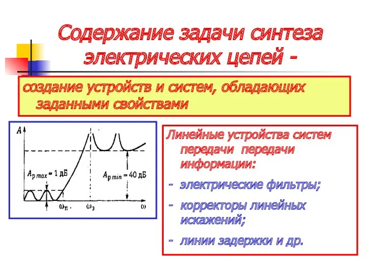 Содержание задачи синтеза электрических цепей - создание устройств и систем,