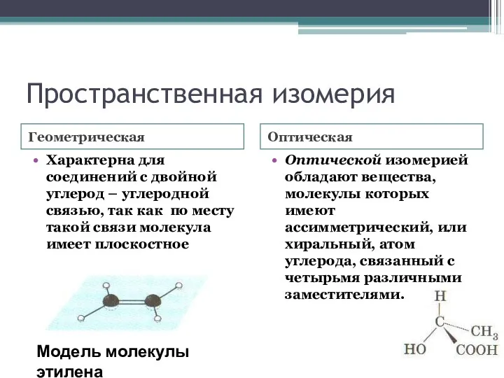 Пространственная изомерия Оптической изомерией обладают вещества, молекулы которых имеют ассимметрический,