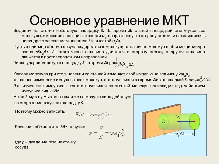 Основное уравнение МКТ Выделим на стенке некоторую площадку S. За