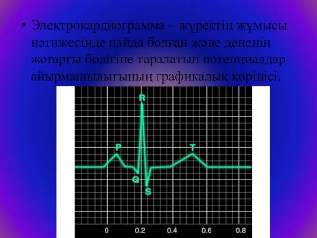 Электрокардиограмма – жүректің жұмысы нәтижесінде пайда болған және дененің жоғарғы бөлігіне таралатын потенциалдар айырмашылығының графикалық көрінісі.