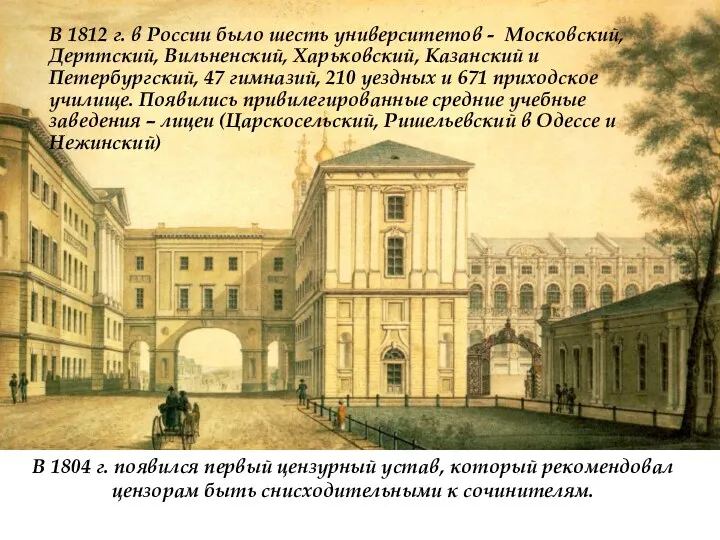 В 1812 г. в России было шесть университетов - Московский, Дерптский, Вильненский, Харьковский,