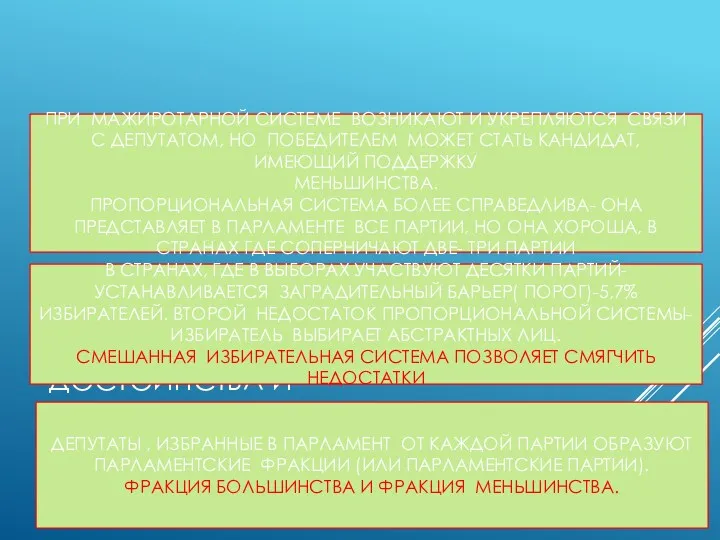 ДОСТОИНСТВА И НЕДОСТАТКИИЗБИРАТЕЛЬНЫХ СИСТЕМ ПРИ МАЖИРОТАРНОЙ СИСТЕМЕ ВОЗНИКАЮТ И УКРЕПЛЯЮТСЯ