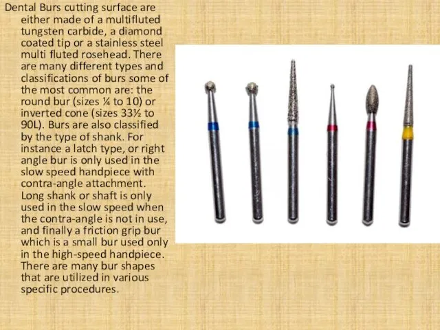 Dental Burs cutting surface are either made of a multifluted tungsten carbide, a