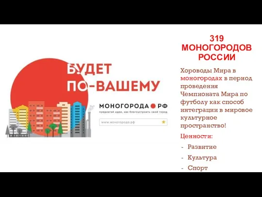 319 МОНОГОРОДОВ РОССИИ Хороводы Мира в моногородах в период проведения