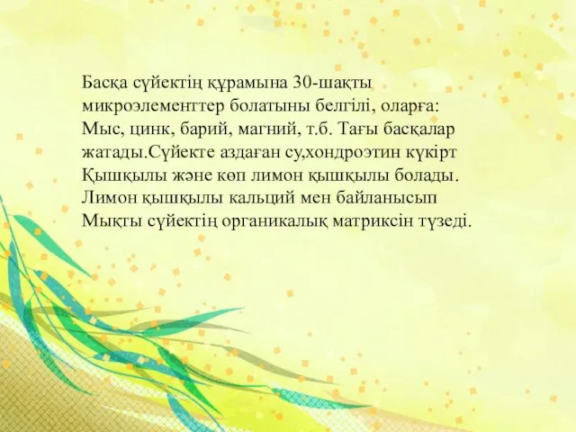 Басқа сүйектің құрамына 30-шақты микроэлементтер болатыны белгілі, оларға: Мыс, цинк, барий, магний, т.б.