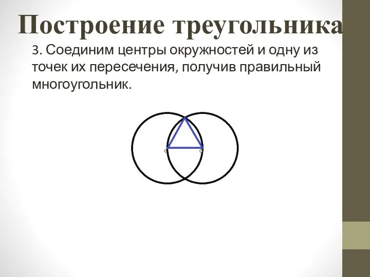 3. Соединим центры окружностей и одну из точек их пересечения, получив правильный многоугольник. Назад Построение треугольника
